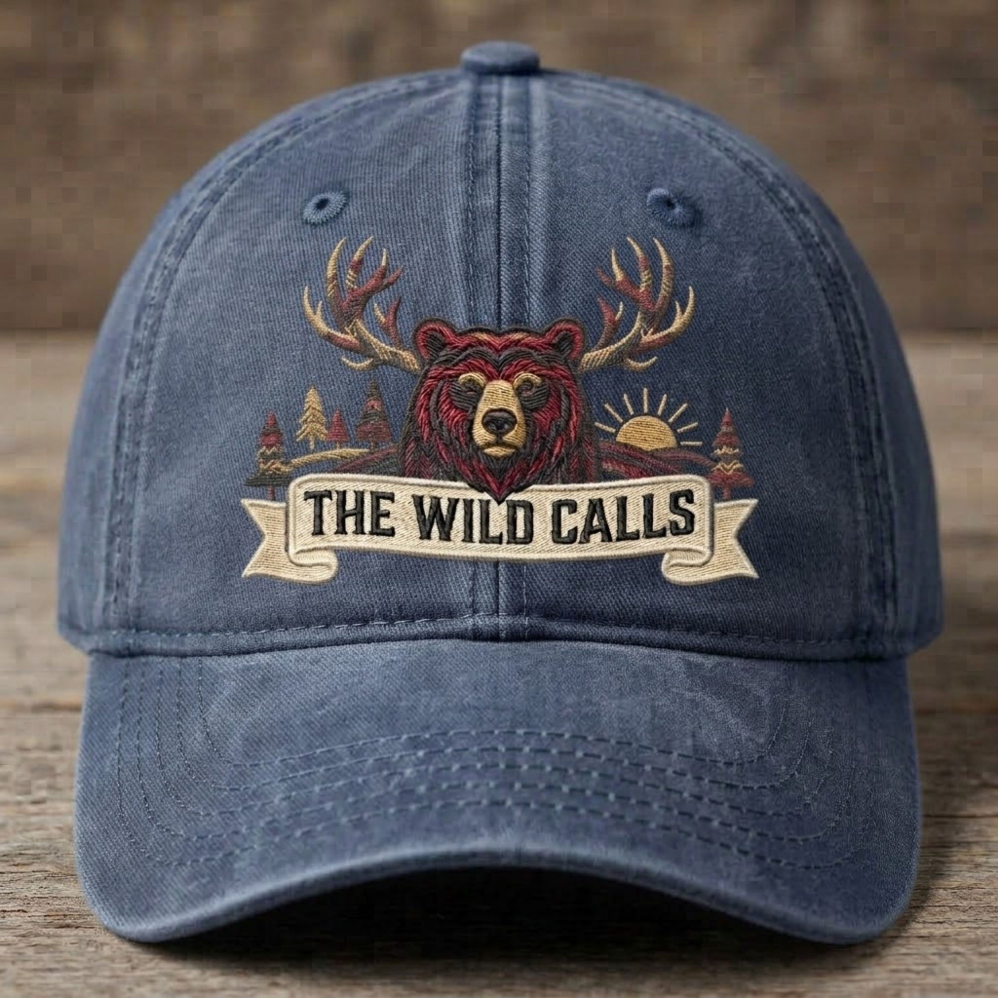 Vintage Wild Calls Embroidered Baseball Cap - Navy Blue Bear & Forest Graphic Hat