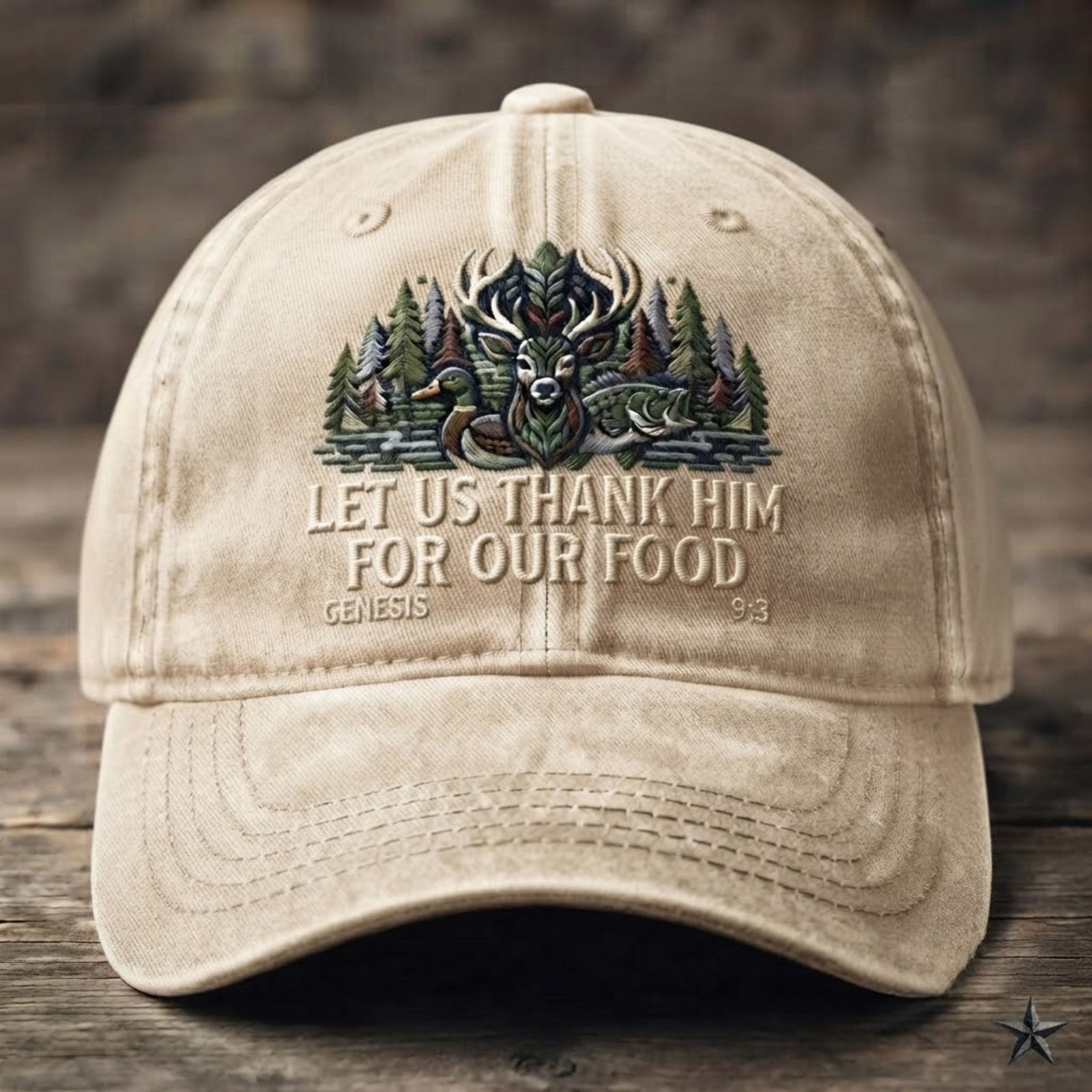 Christian Wildlife Embroidered Baseball Cap - "Let Us Thank Him For Our Food" Faith & Outdoor Hat
