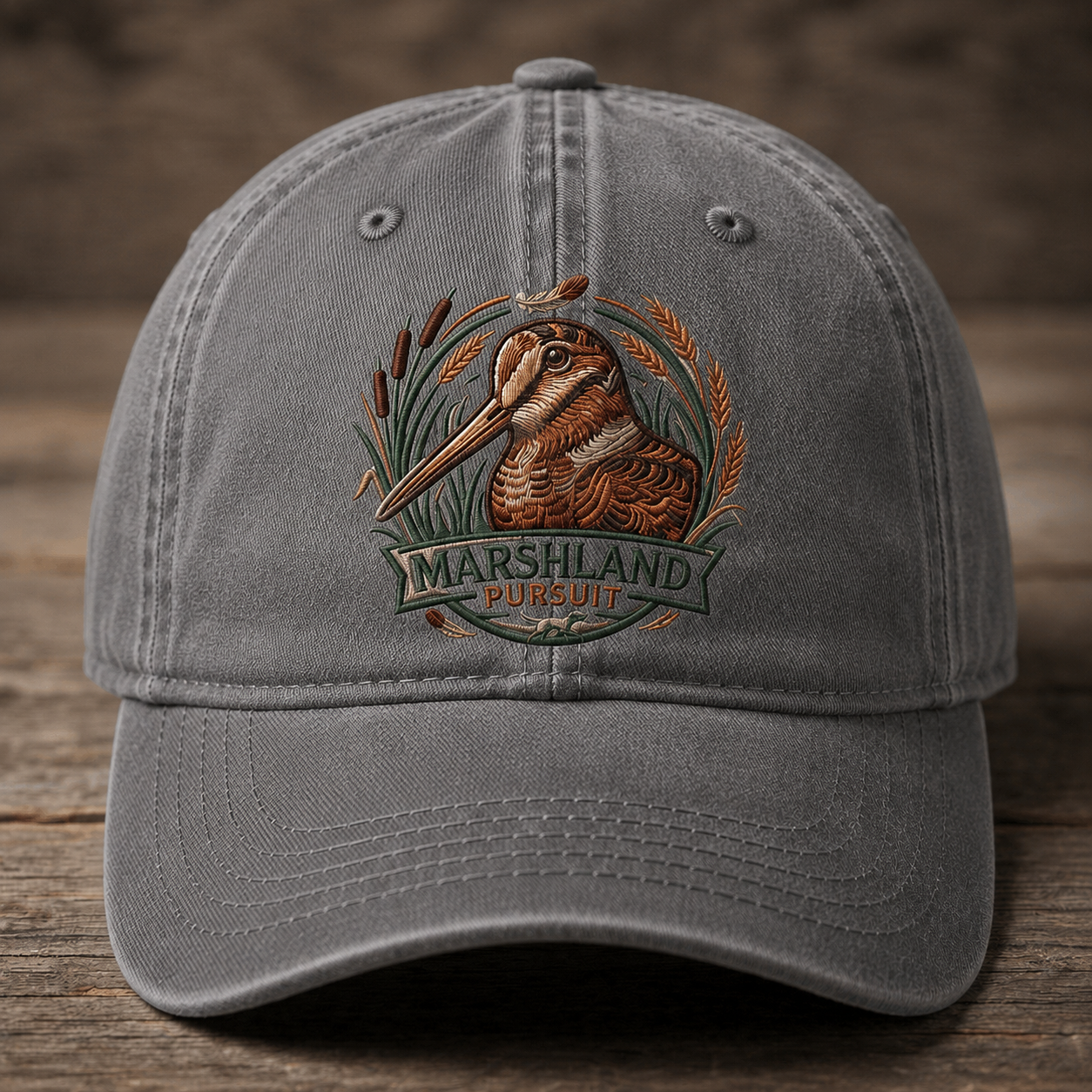 Marshland Pursuit Embroidered Baseball Cap - Vintage Waterfowl Hunting Outdoor Hat