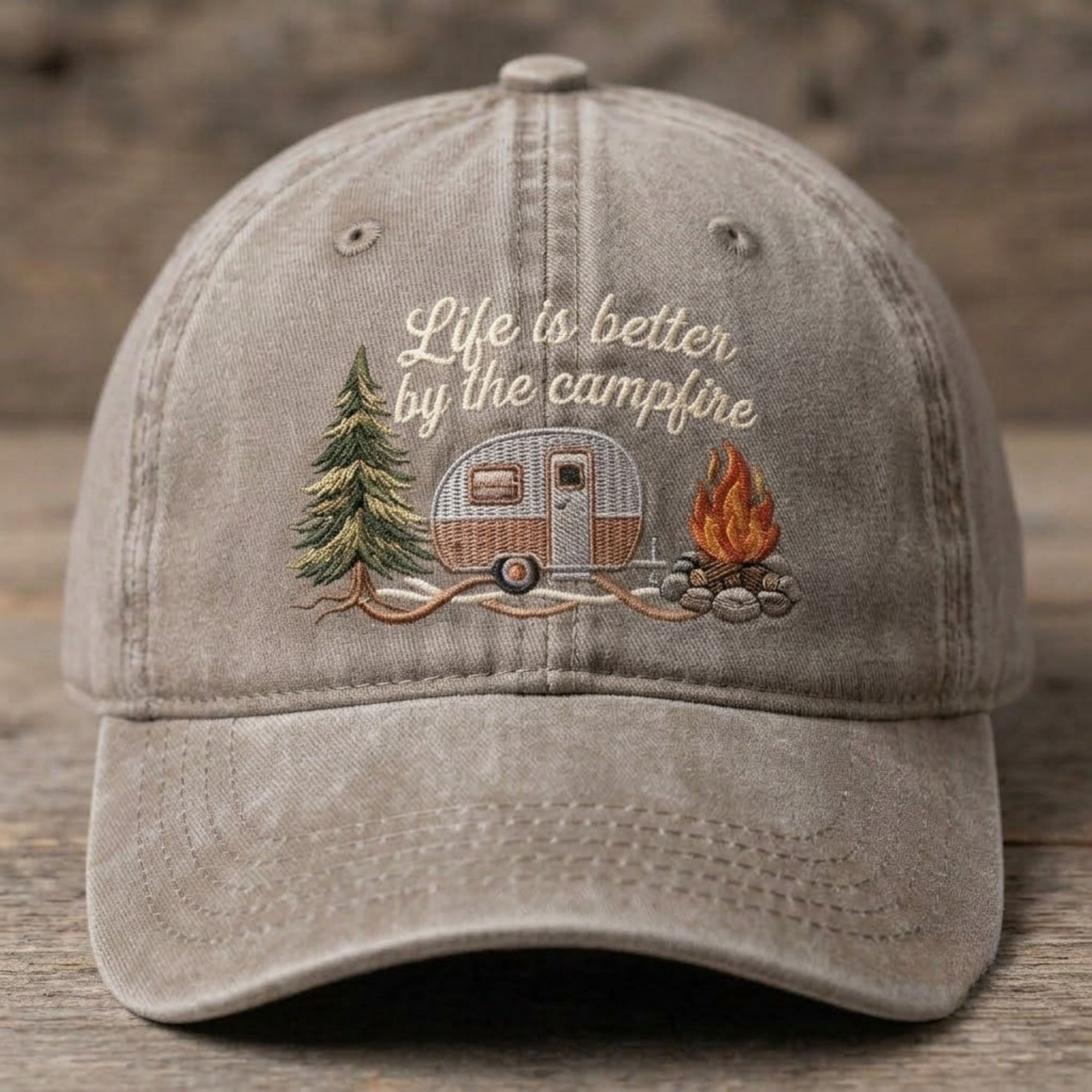 Life Is Better By The Campfire Embroidered Baseball Cap - Vintage Camping RV Outdoor Hat