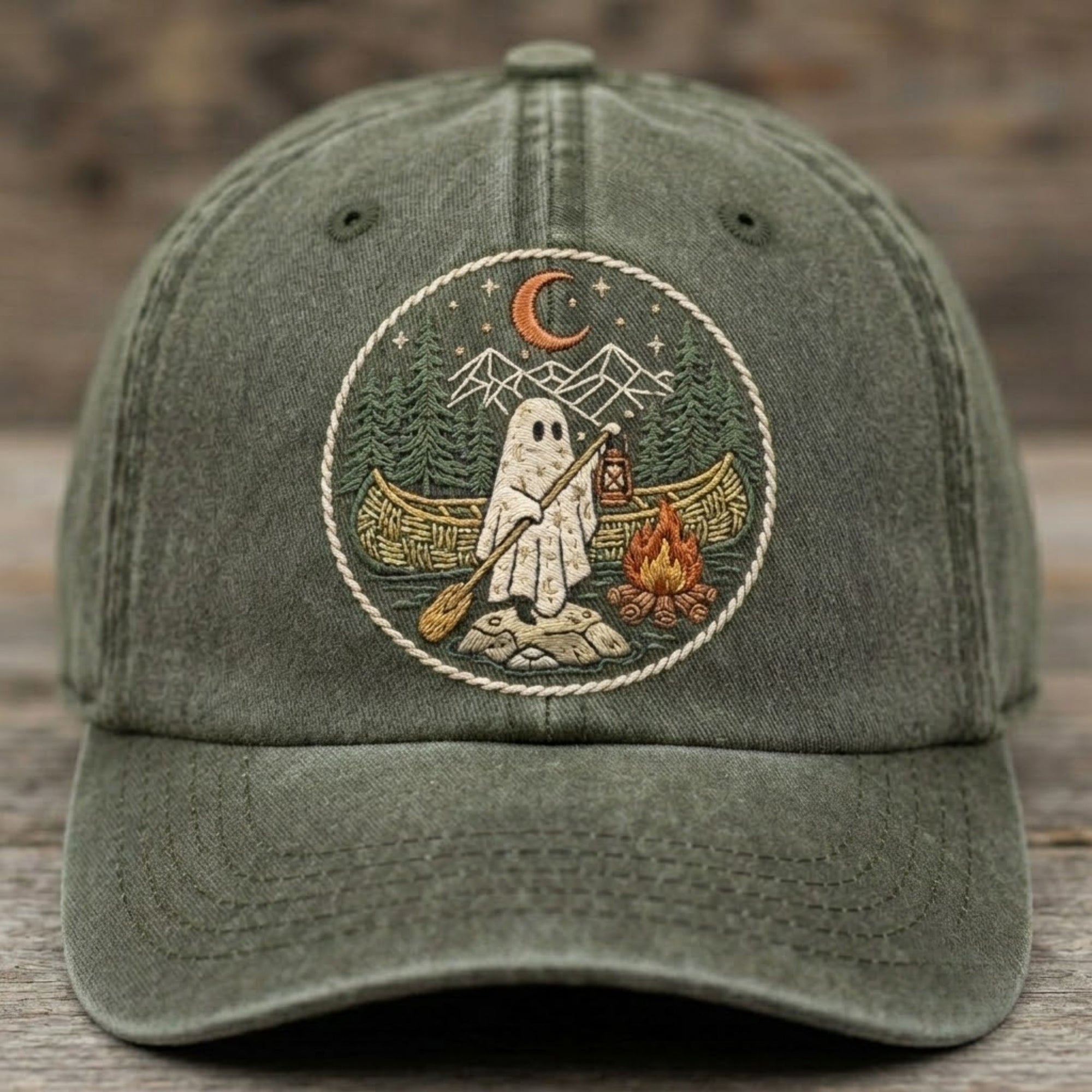 Ghost Camping Embroidered Baseball Cap - Spooky Outdoor Adventure Vintage Hat