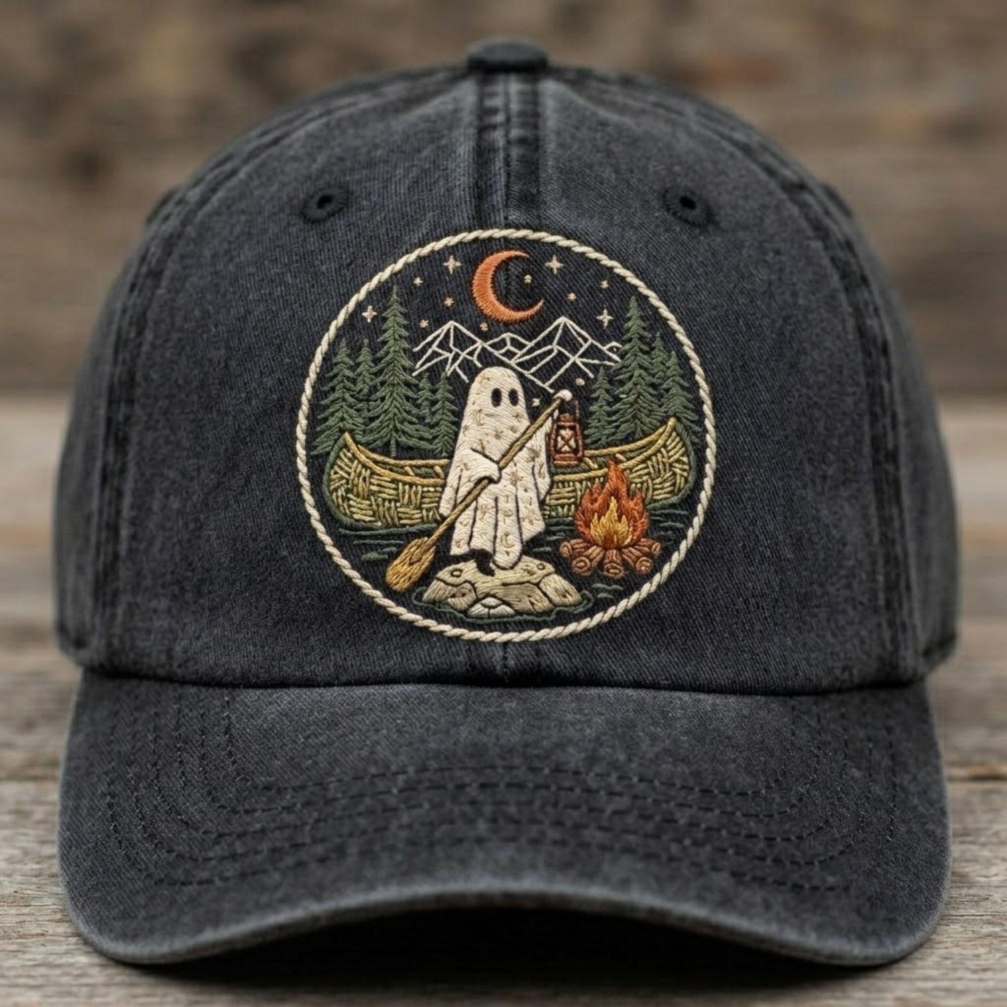 Ghost Camping Embroidered Baseball Cap - Spooky Outdoor Adventure Vintage Hat