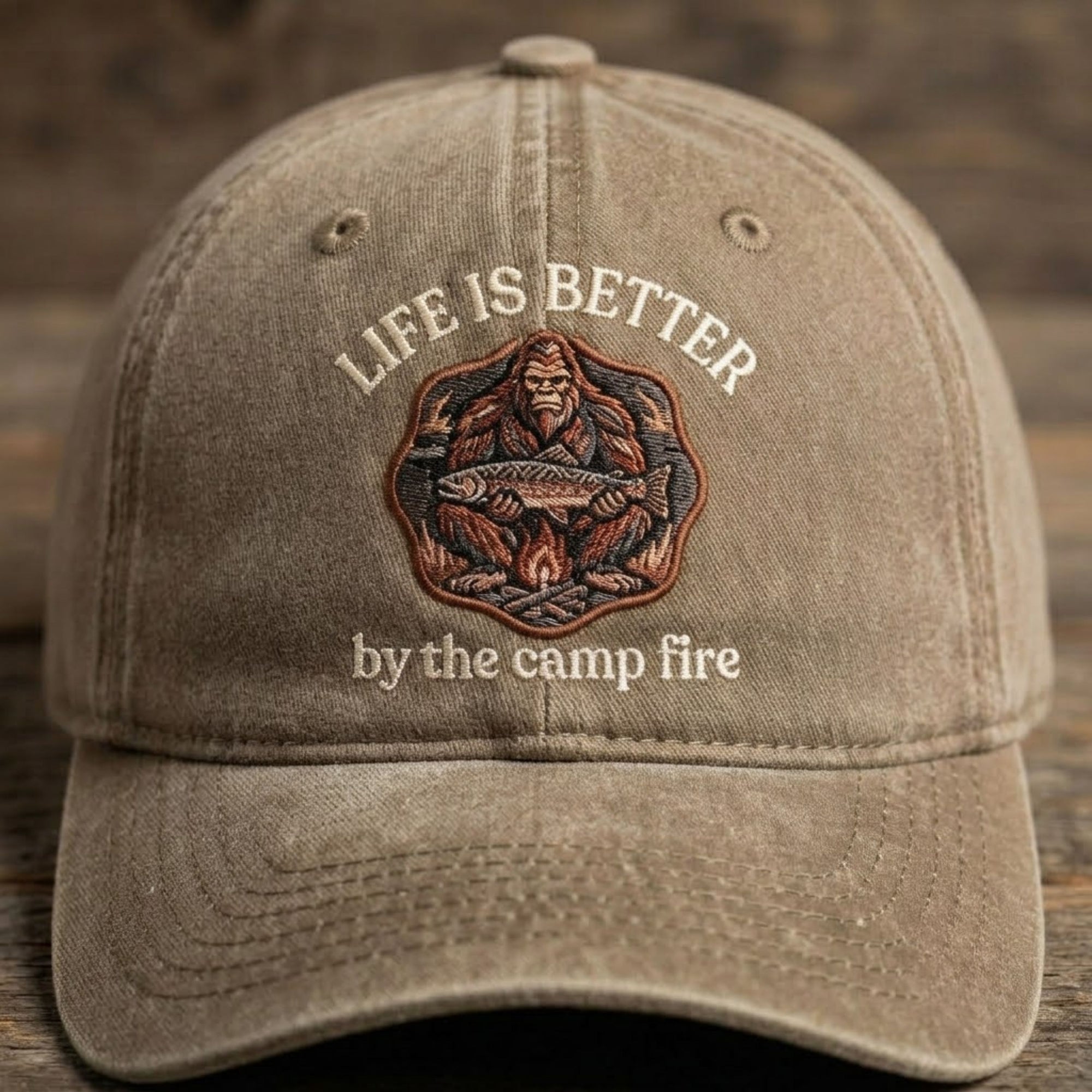Life Is Better By The Campfire Embroidered Baseball Cap - Bigfoot Outdoor Adventure Hat