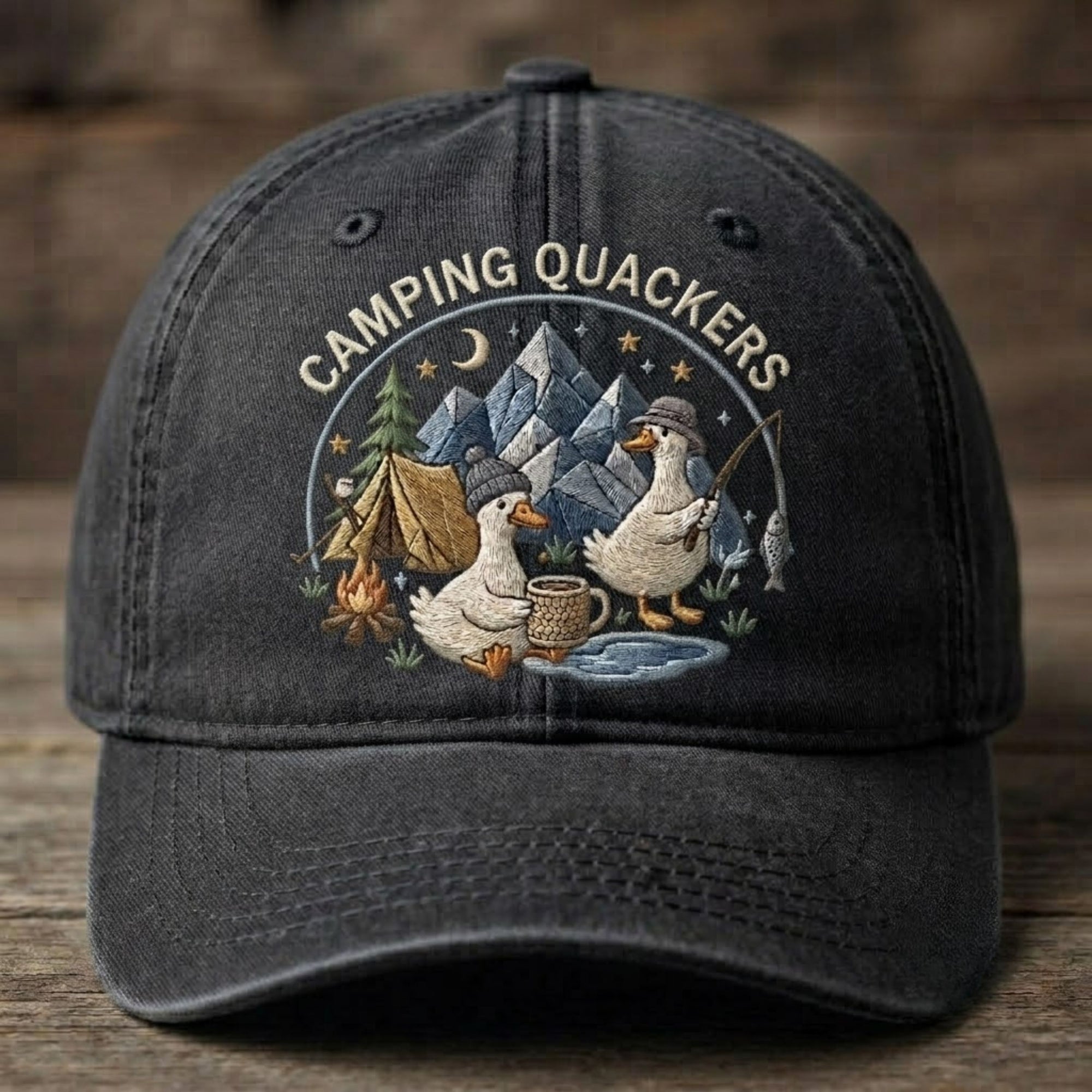 Camping Quackers Embroidered Baseball Cap - Cute Duck Camping Outdoor Adventure Hat