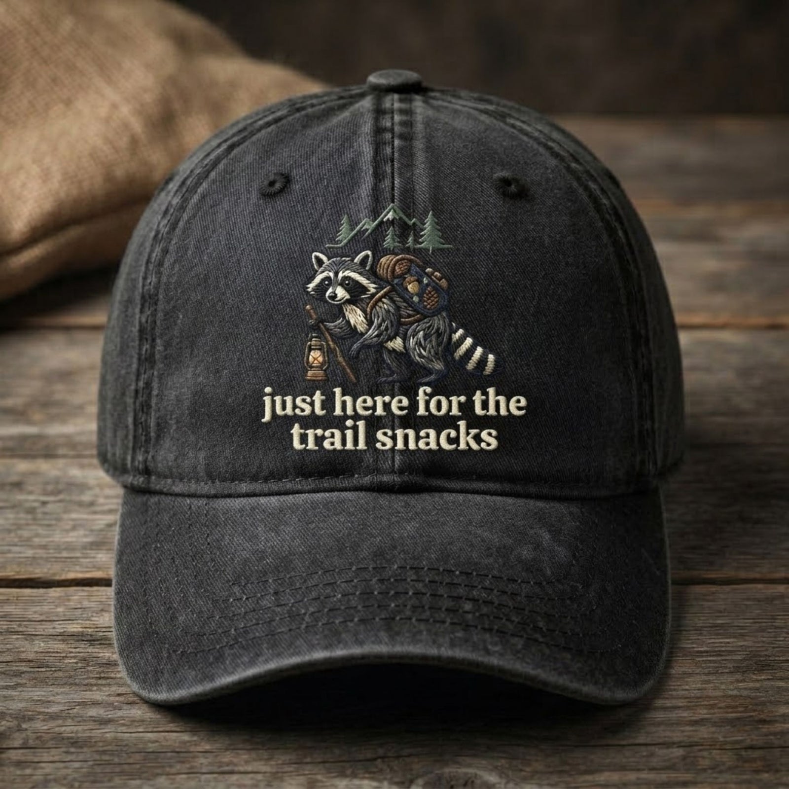 Just Here For The Trail Snacks Embroidered Baseball Cap - Funny Hiking Hat for Outdoor Adventure Lovers