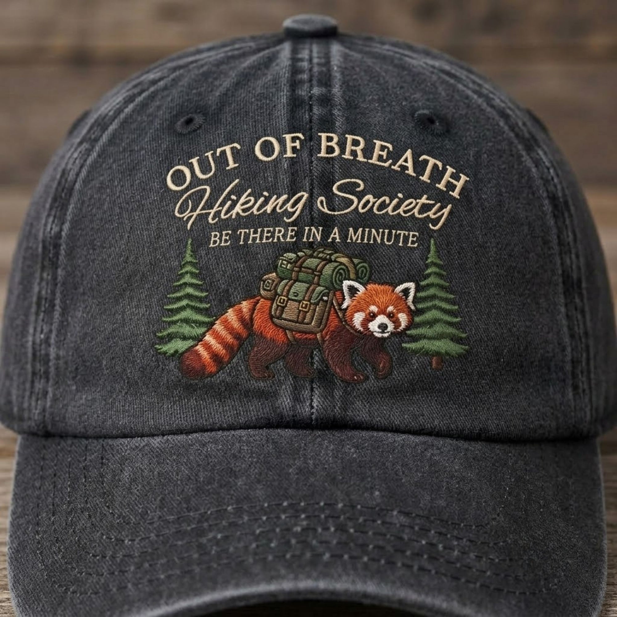 Out Of Breath Hiking Society Embroidered Baseball Cap - Cute Red Panda Adventure Hat for Outdoor Lovers