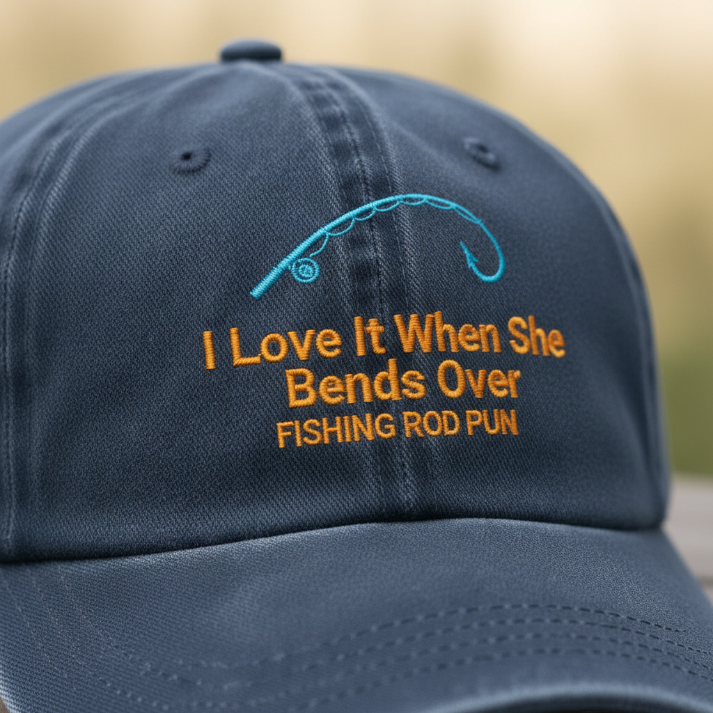 When She Bends Over Fishing Rod Pun Embroidered Hat For Him
