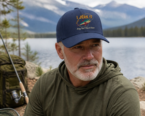 I Jerk It Embroidered Hat, Fishing Jerk Pun, Dirty Fishing, Jerkbait Humor - 4