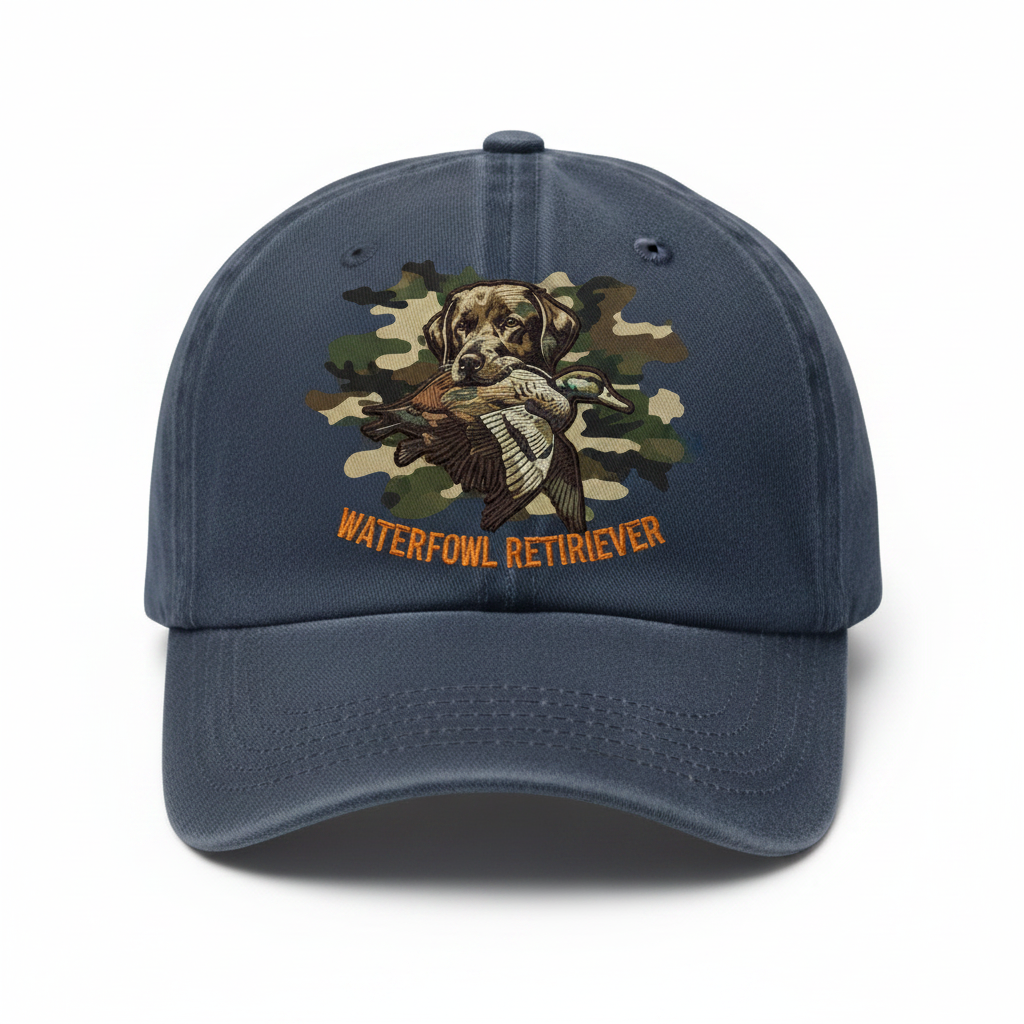 Lab With Duck Embroidered Hat, Retrieving Labrador Hunting Dog Camo Design