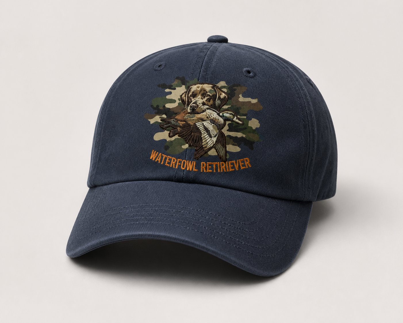 Lab With Duck Embroidered Hat, Retrieving Labrador Hunting Dog Camo Design