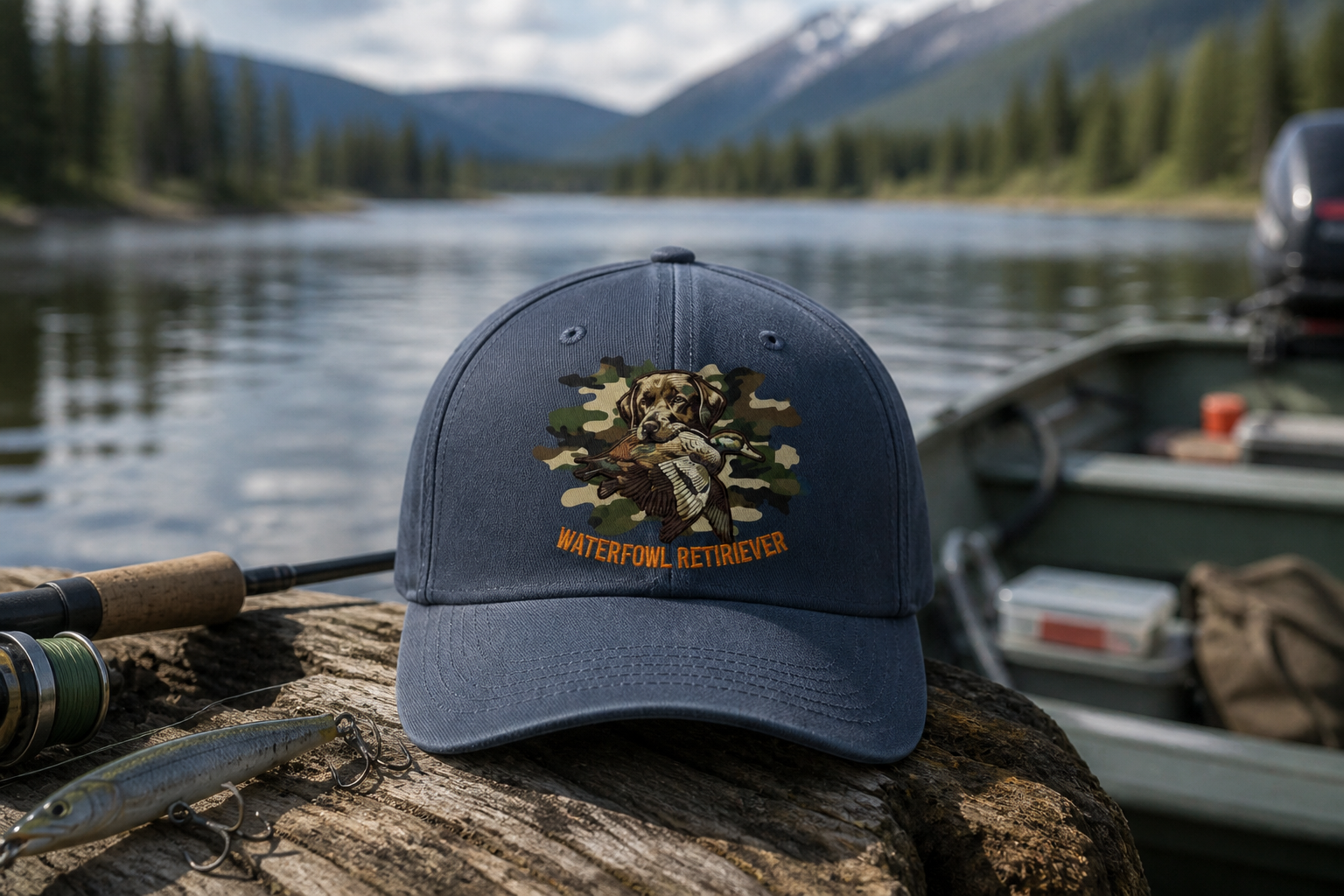 Lab With Duck Embroidered Hat, Retrieving Labrador Hunting Dog Camo Design