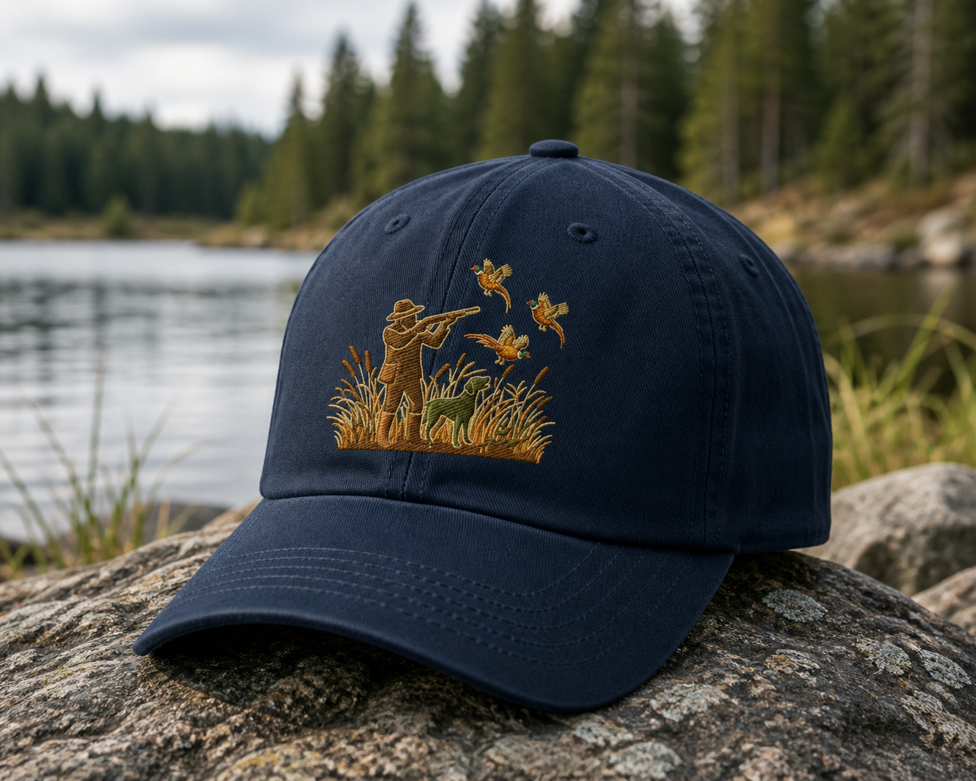 Hunter Dog Silhouette Embroidered Hat, Pheasant Hunting Scene Gift