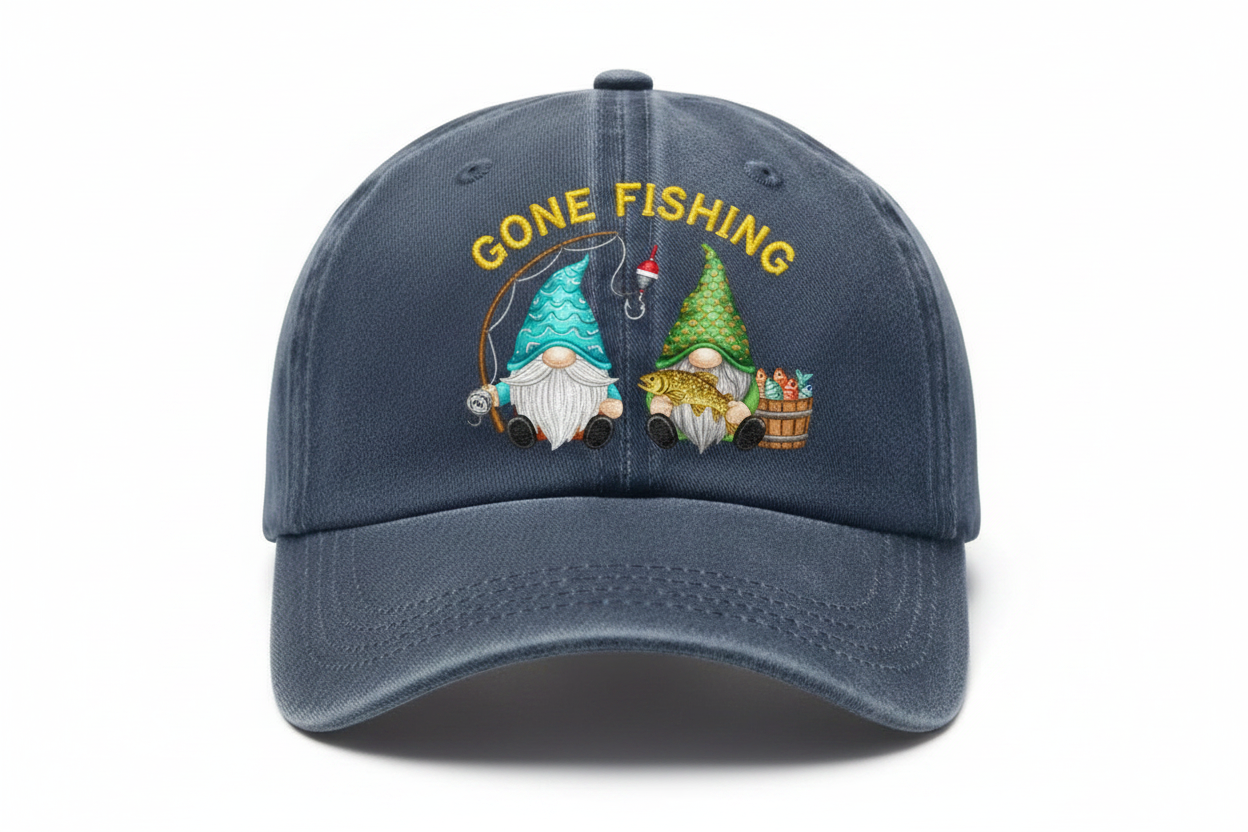 Gone Fishing Gnomes Embroidered Hat, Fishing Gnome Duo, Cute Fisherman Gnome