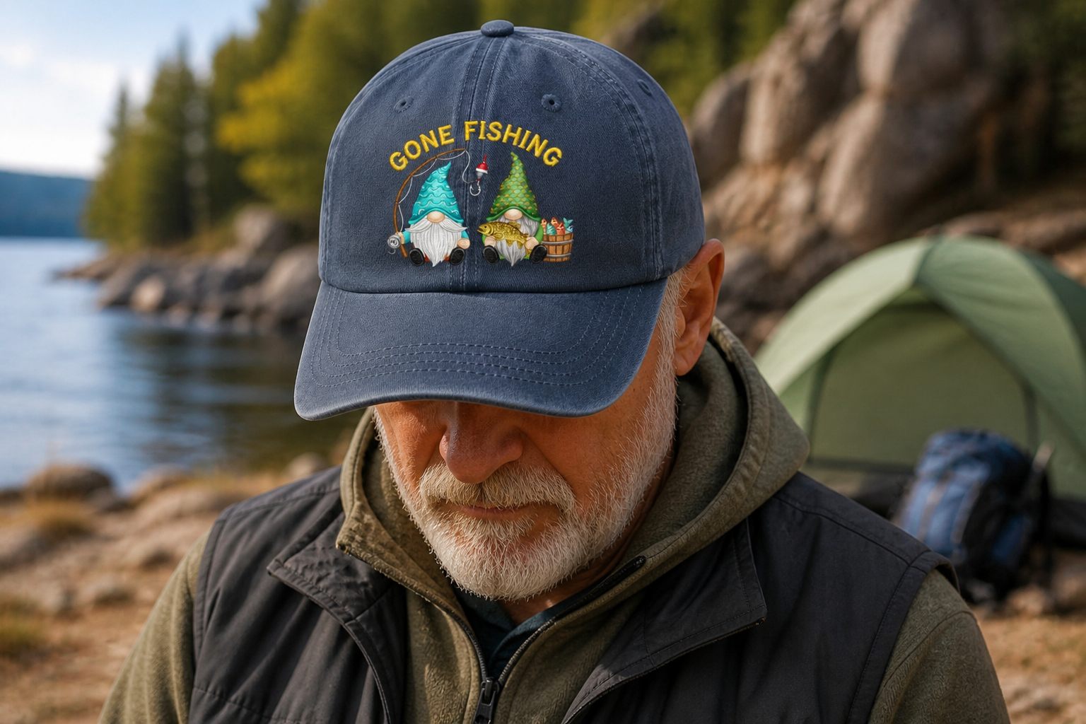 Gone Fishing Gnomes Embroidered Hat, Fishing Gnome Duo, Cute Fisherman Gnome