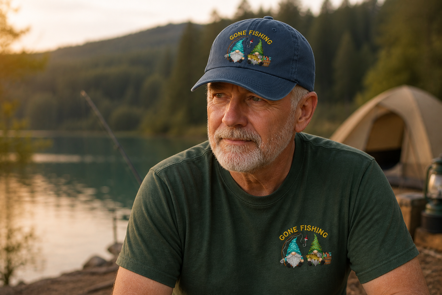 Gone Fishing Gnomes Embroidered Hat, Fishing Gnome Duo, Cute Fisherman Gnome