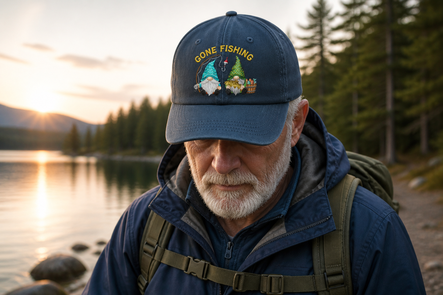 Gone Fishing Gnomes Embroidered Hat, Fishing Gnome Duo, Cute Fisherman Gnome