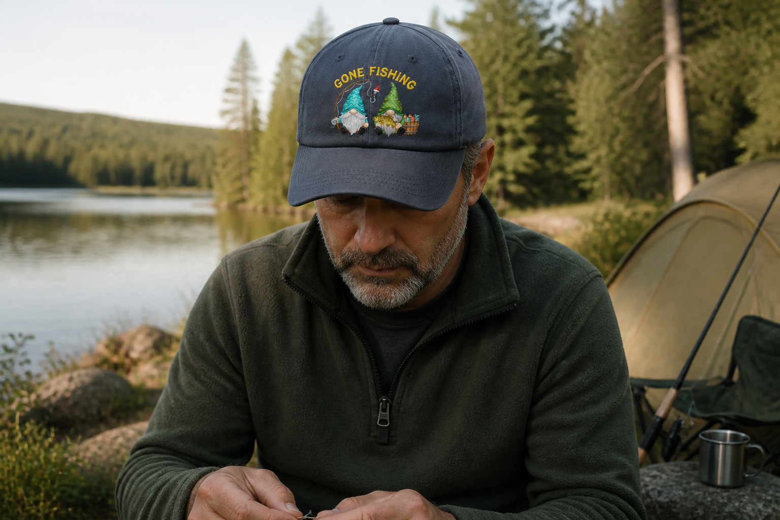 Gone Fishing Gnomes Embroidered Hat, Fishing Gnome Duo, Cute Fisherman Gnome