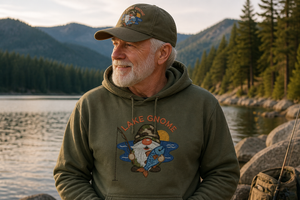 Fishing Gnome Embroidered Hat, Cute Fisherman Lake Design - 3
