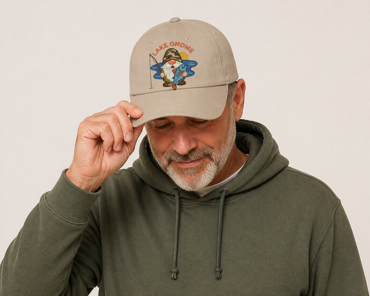 Fishing Gnome Embroidered Hat, Cute Fisherman Lake Design