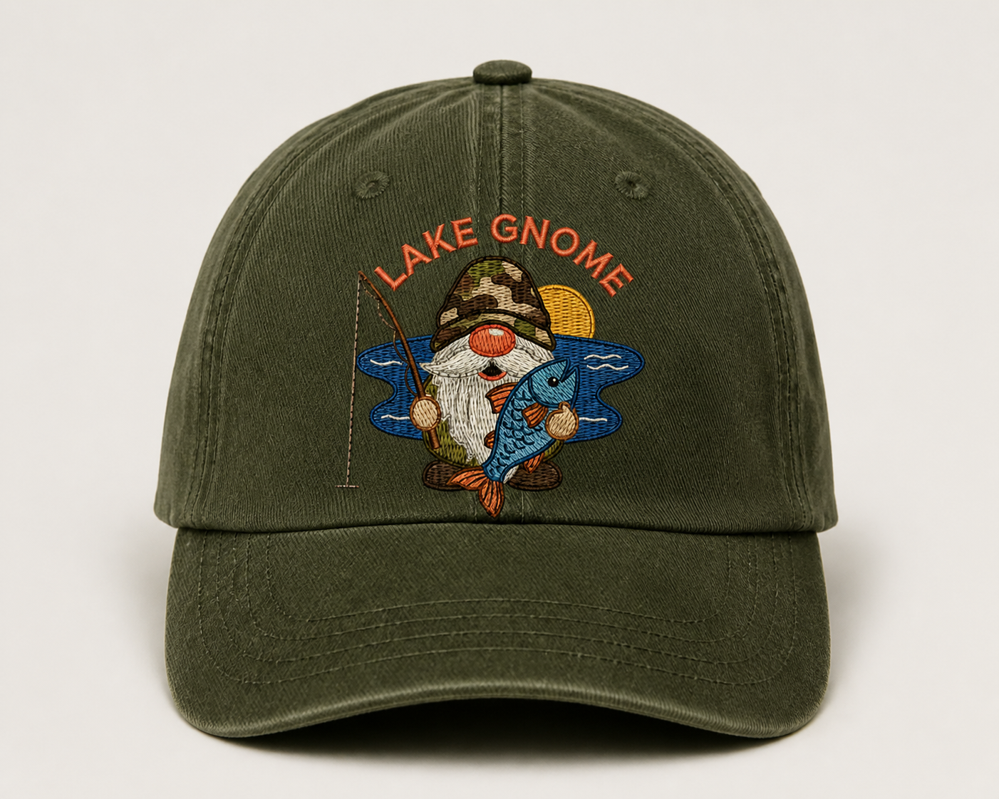 Fishing Gnome Embroidered Hat, Cute Fisherman Lake Design