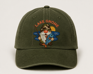 Fishing Gnome Embroidered Hat, Cute Fisherman Lake Design - 1