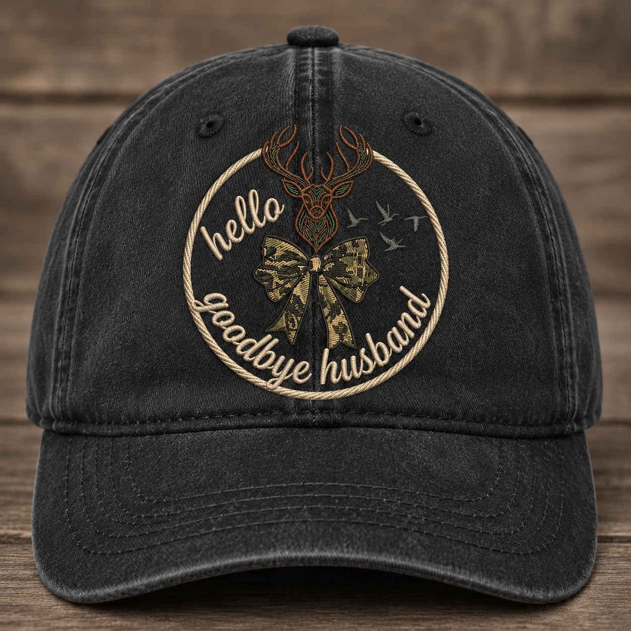 Hello Goodbye Husband Embroidered Baseball Cap - Vintage Deer Bow Outdoor Hat