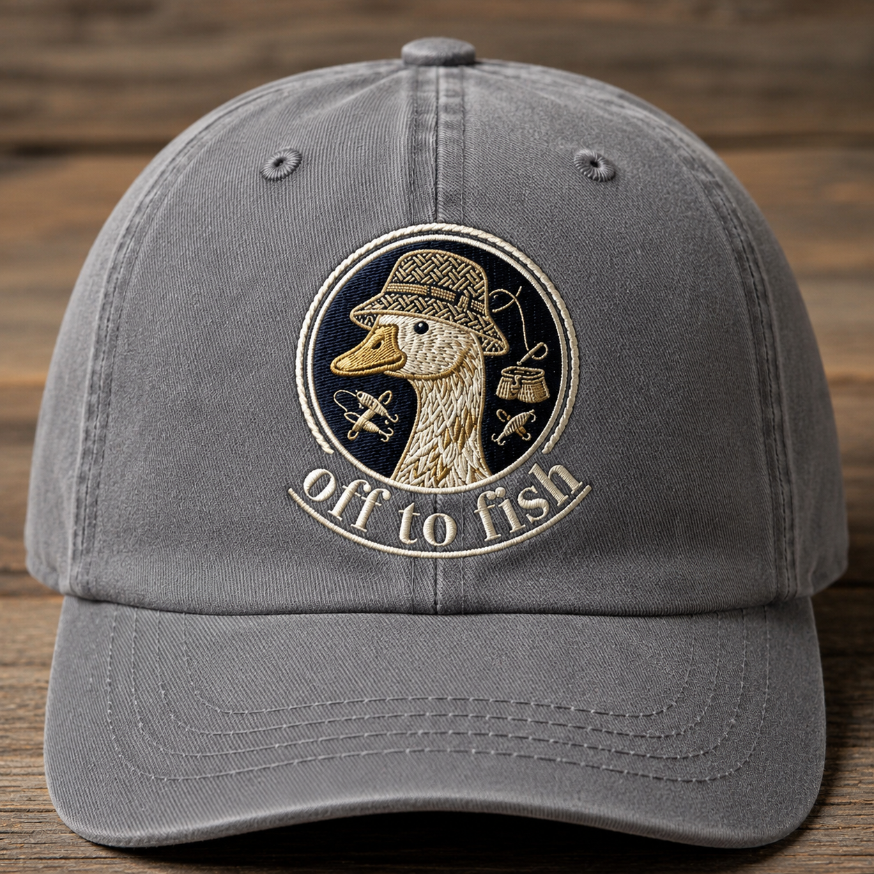 Off To Fish Embroidered Baseball Cap - Vintage Duck Fishing Outdoor Hat