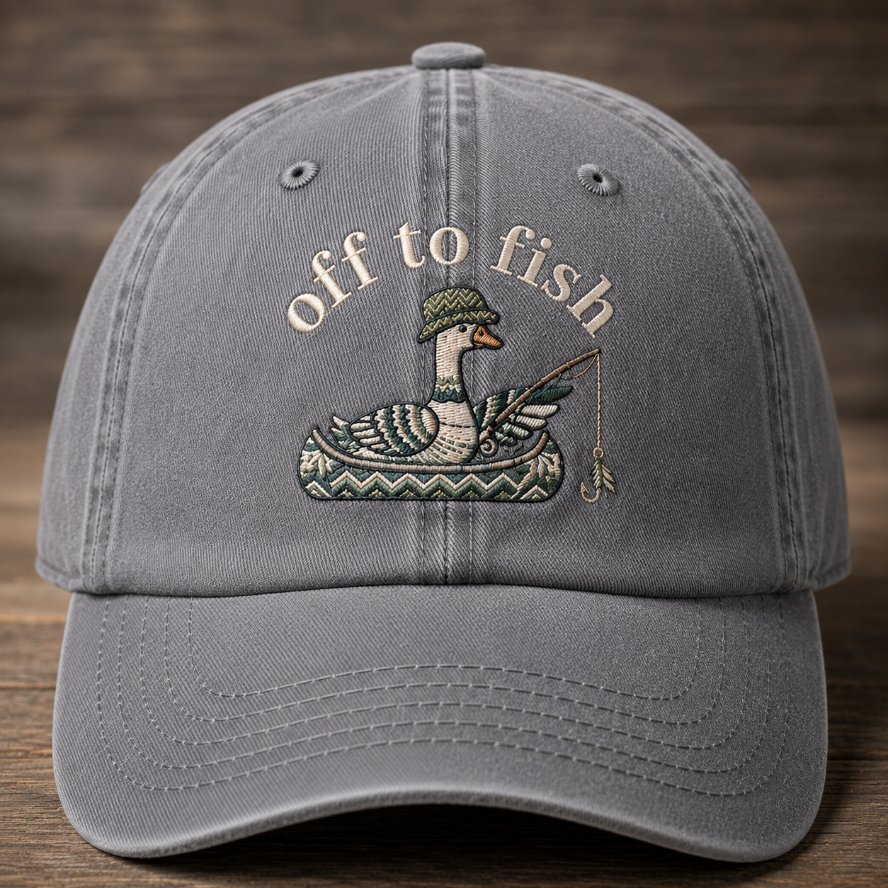 Off To Fish Embroidered Baseball Cap - Vintage Duck Fishing Outdoor Hat