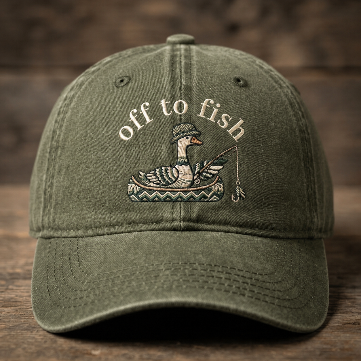 Off To Fish Embroidered Baseball Cap - Vintage Duck Fishing Outdoor Hat