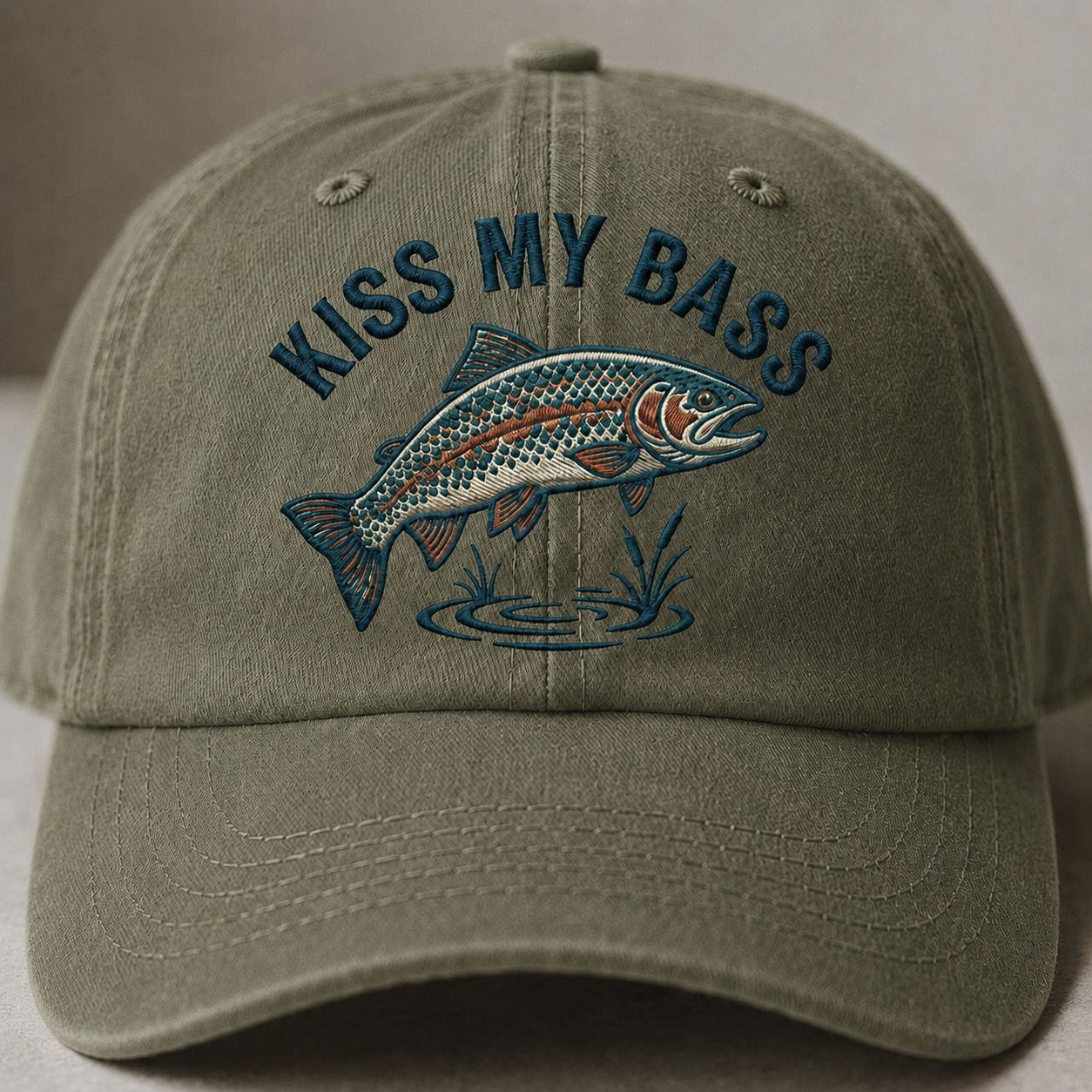 Kiss My Bass Embroidered Baseball Cap - Funny Fishing Trout Outdoor Hat