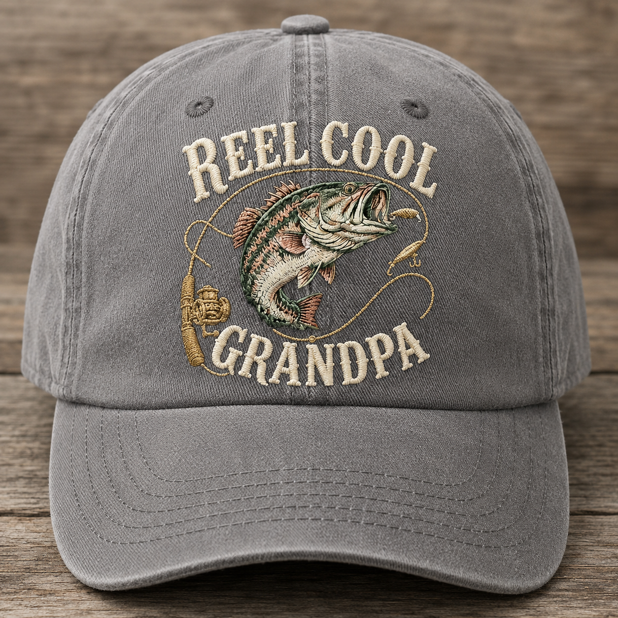 Reel Cool Grandpa Embroidered Baseball Cap - Bass Fishing Hat for Grandpa