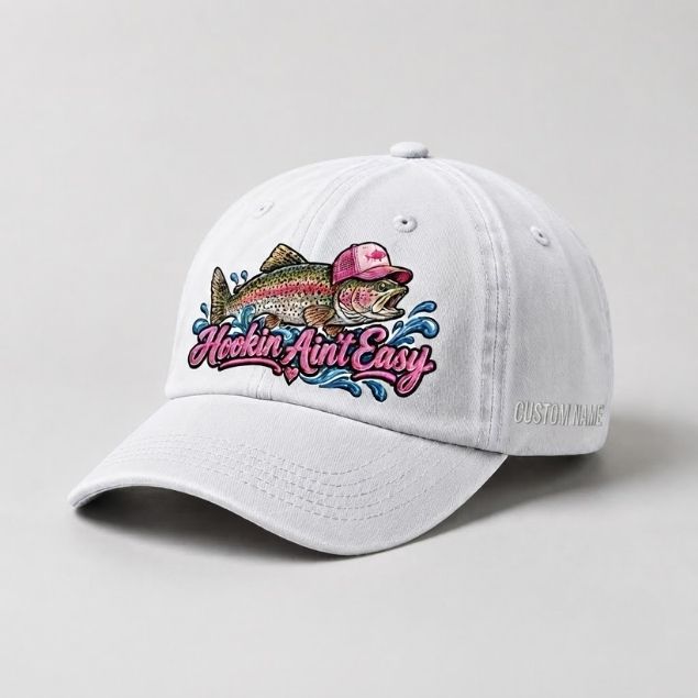 Hookin Ain’t Easy Rainbow Trout Custom Name Embroidered Hat for Women
