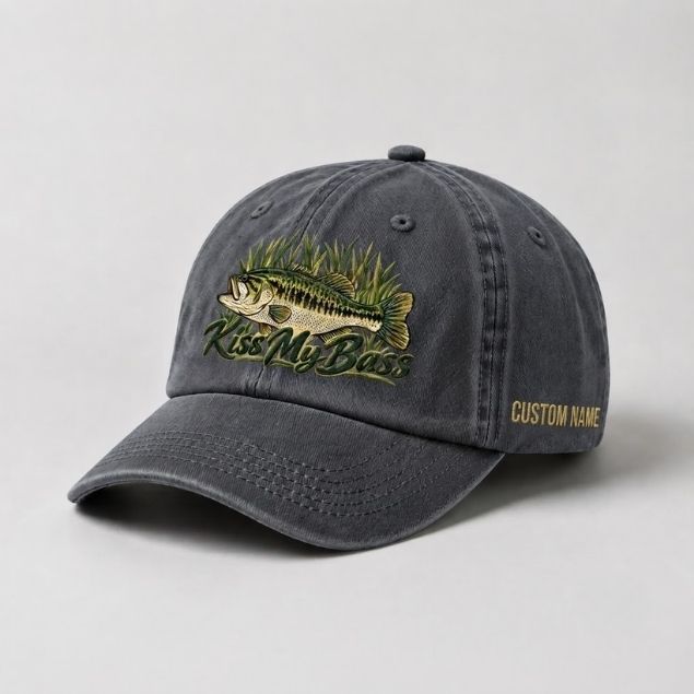 Kiss My Bass Hat Custom Name Embroidered Largemouth Bass Fishing, Fisherman Gift