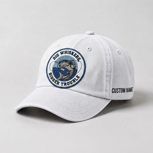 Big Whiskers Bigger Trouble Hat, Custom Name Embroidered Cap, Personalized Catfish Fishing Dad Hat - 4