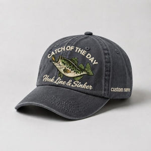 Fishing Bass Catch Of The Day Hook Line & Sinker Custom Name Embroidered Hat , Vintage Washed Cotton Dad Cap Personalized Gift - 1