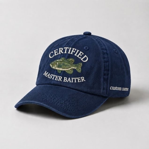 Certified Master Baiter Embroidered Hat, Custom Name Fishing Hat, Funny Bass Fishing Cap, Outdoor Angler Gift