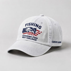 Catching Fish Not Feelings Custom Embroidered Hat, Funny USA Flag Fishing Dad Hat, Fisherman Hat Gift - 1