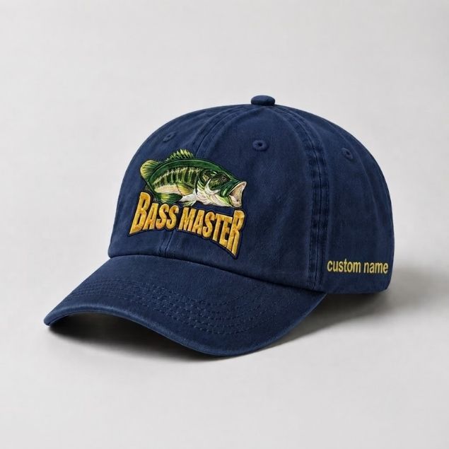 Master Baiter Bass Fishing Hat, Largemouth Bass Embroidered Cap with Custom Name