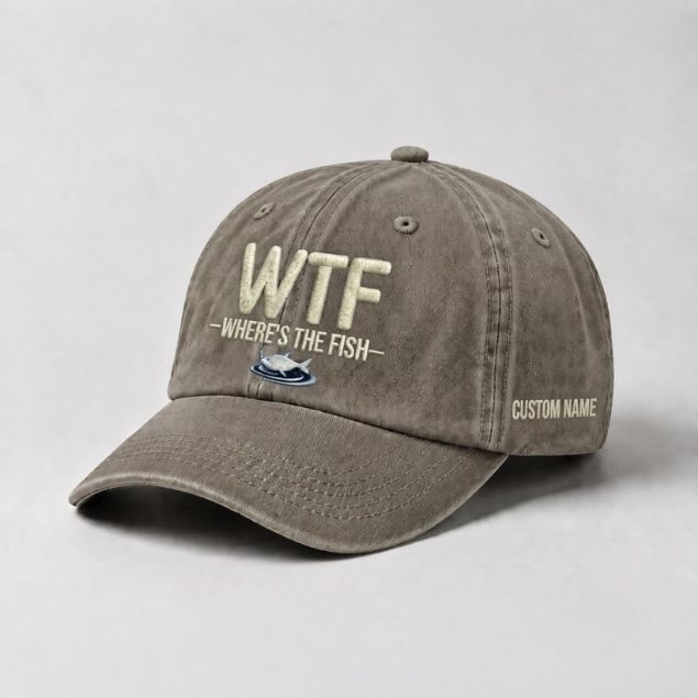 WTF Where's The Fish Custom Name Embroidered Vintage Washed Cotton Baseball Cap, Funny Fishing Gift Hat