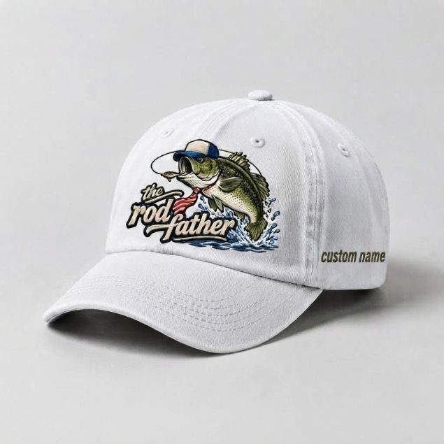 The Rod Father Custom Name Embroidered Fishing Hat, Largemouth Bass Fish Vintage Washed Baseball Cap
