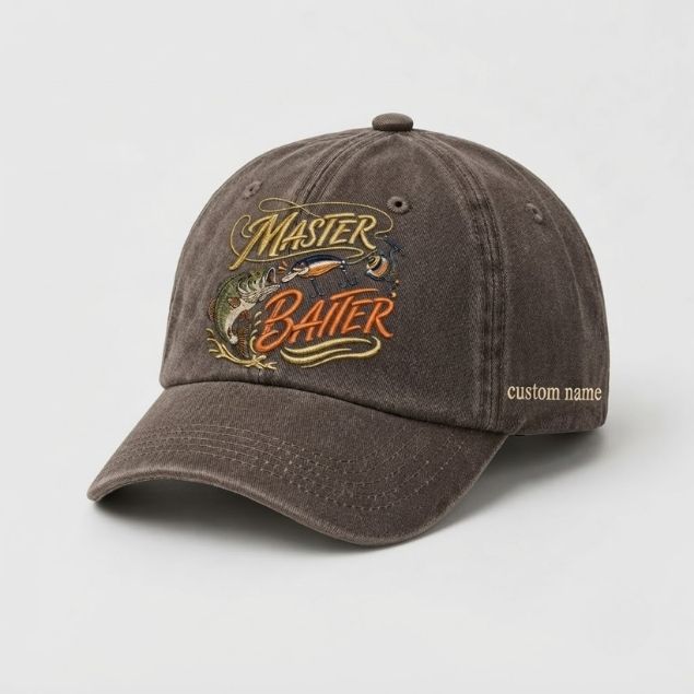 Master Baiter Bass Custom Name Embroidered Fishing Hat, Largemouth Bass Angler Cap