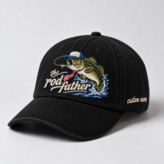 The Rod Father Custom Name Embroidered Fishing Hat, Largemouth Bass Fish Vintage Washed Baseball Cap