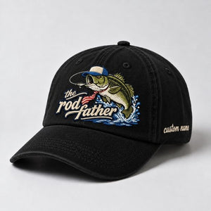 The Rod Father Custom Name Embroidered Fishing Hat, Largemouth Bass Fish Vintage Washed Baseball Cap - 2