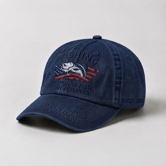 Catching Fish Not Feelings Custom Embroidered Hat, Funny USA Flag Fishing Dad Hat, Fisherman Hat Gift