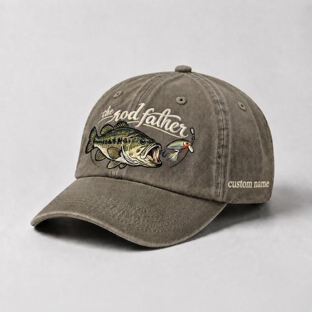 The Rod Father Largemouth Bass Embroidered Hat, Custom Name Fishing Cap, Bass Lure Fishing Hat