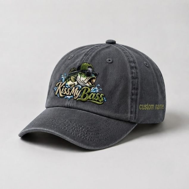 Kiss My Bass Custom Name Embroidered Hat, Largemouth Bass Sunglasses Fishing Hat