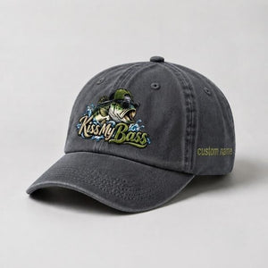 Kiss My Bass Custom Name Embroidered Hat, Largemouth Bass Sunglasses Fishing Hat - 1