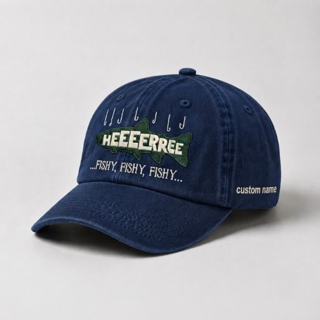 Embroidered HEEEERRREE Fishy Fishy Fishy Custom Name Hat, Funny Fishing Vintage Washed Dad Cap