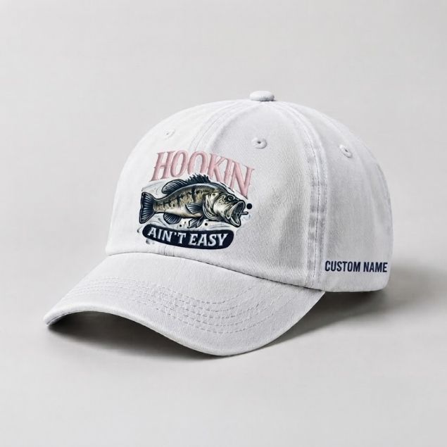 Hookin Ain'T Easy Bass Fishing Embroidered Cap With Custom Name, Washed Cotton Hat For Women
