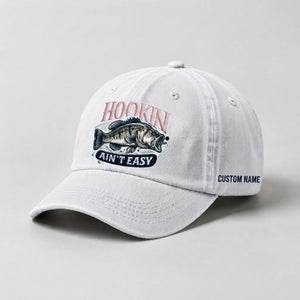 Hookin Ain'T Easy Bass Fishing Embroidered Cap With Custom Name, Washed Cotton Hat For Women - 4